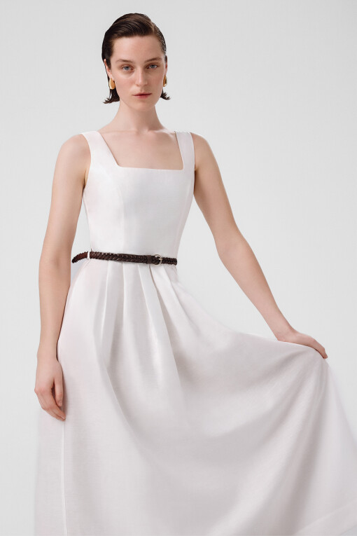 Ecru Square Neck Belt Detail Long Dress - Triko Mısırlı