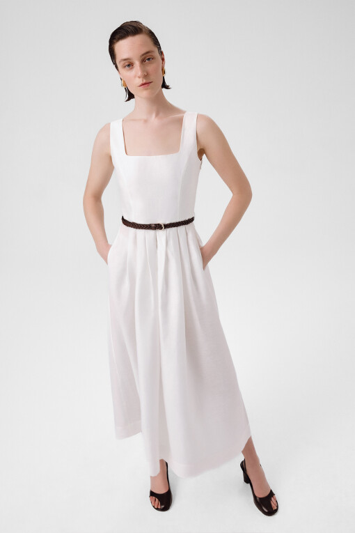 Ecru Square Neck Belt Detail Long Dress - Triko Mısırlı