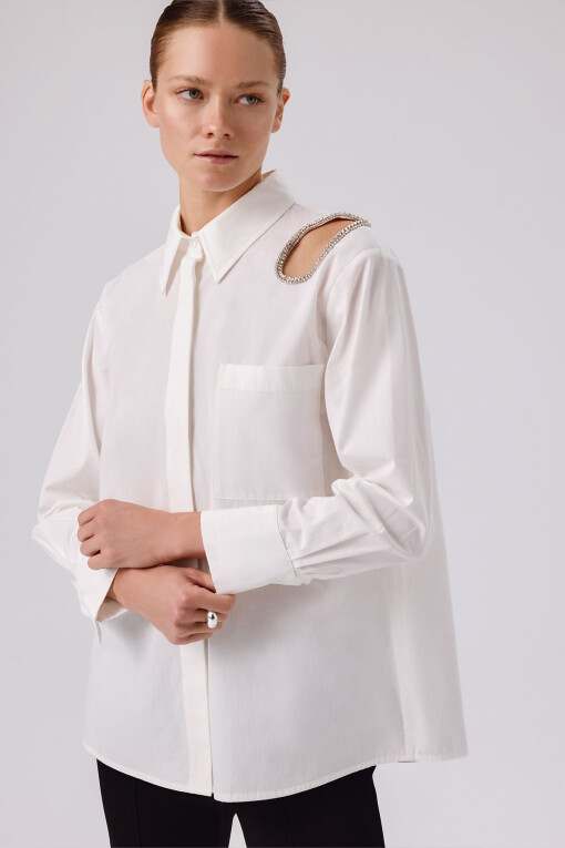 Ecru Stone Embellished Oversize Women's Shirt - Triko Mısırlı