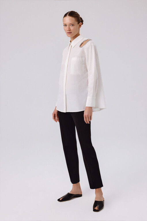 Ecru Stone Embellished Oversize Women's Shirt - Triko Mısırlı