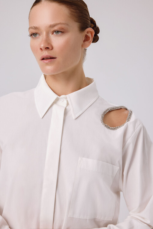 Ecru Stone Embellished Oversize Women's Shirt - Triko Mısırlı