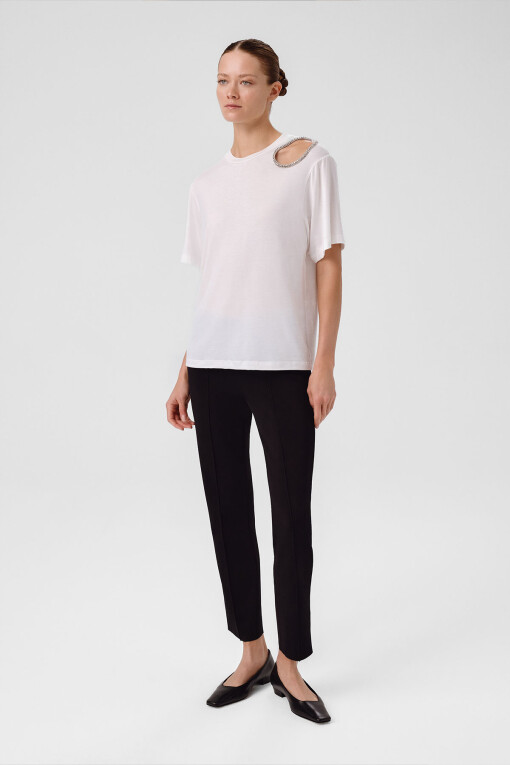 Ecru Stone Embellished Shoulder Women's T-Shirt - Triko Mısırlı