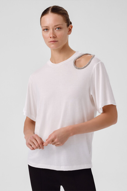 Ecru Stone Embellished Shoulder Women's T-Shirt - Triko Mısırlı