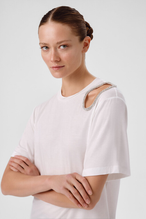 Ecru Stone Embellished Shoulder Women's T-Shirt - Triko Mısırlı