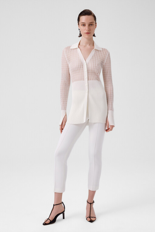 Ecru Transparent Ribbed Cardigan for Women 
