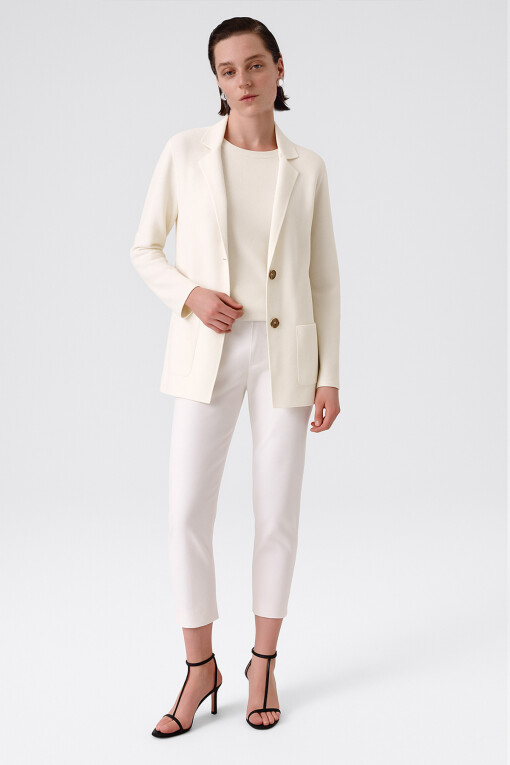 Ecru V-Neck Buttoned Women's Jacket - Triko Mısırlı