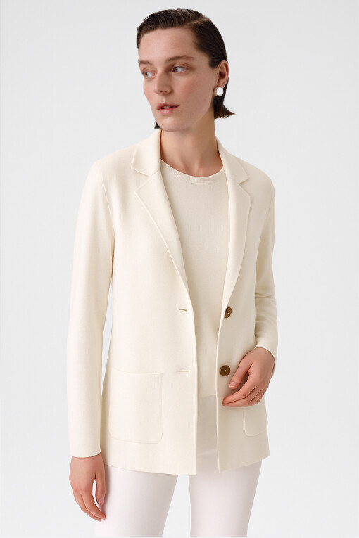 Ecru V-Neck Buttoned Women's Jacket - Triko Mısırlı