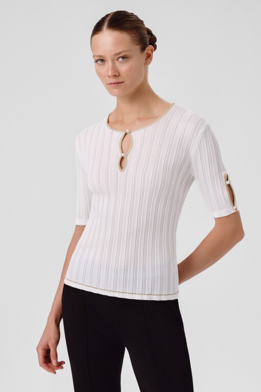 Ecru Window Detail Pearl Embellished Women's Sweater 