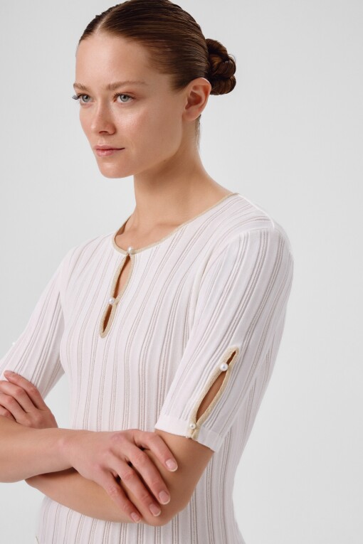 Ecru Window Detail Pearl Embellished Women's Sweater - Triko Mısırlı