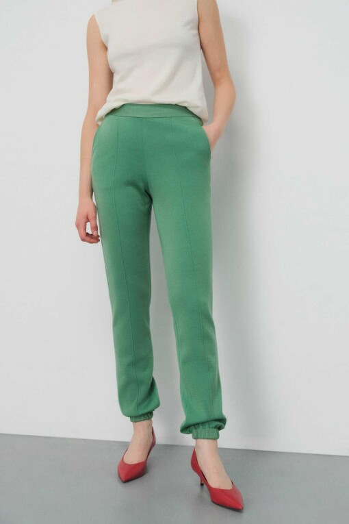 Elastic Hem Green Women's Pants - Triko Mısırlı