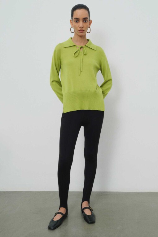 Green Front Tie Polo Collar Women's Sweater - Triko Mısırlı