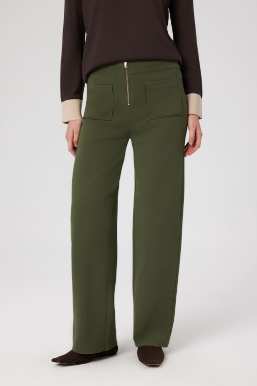 Green Pocket Detail Zippered Women's Pants - Triko Mısırlı