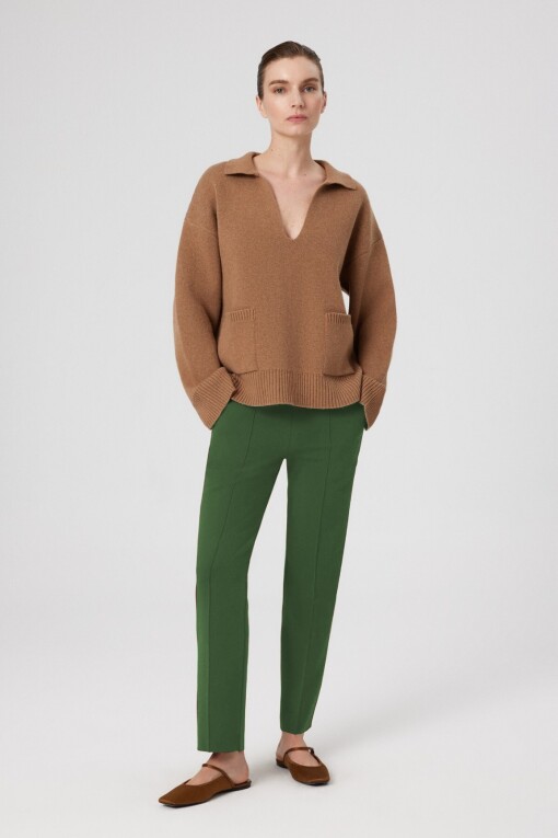 Green Ribbed Stitch Pocket Detail Women's Pants - Triko Mısırlı