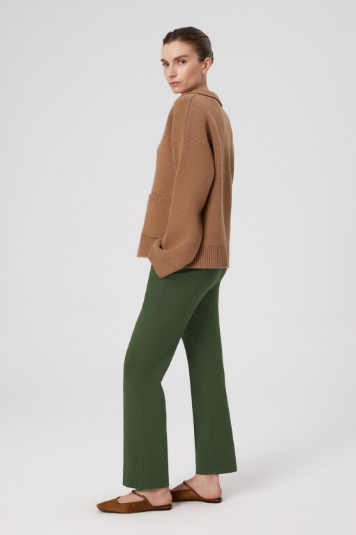 Green Ribbed Stitch Pocket Detail Women's Pants - Triko Mısırlı