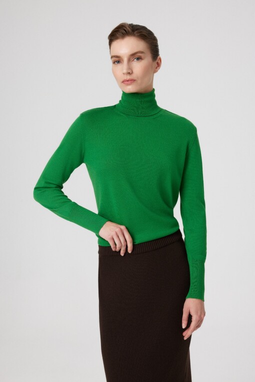 Green Turtle Neck Long Sleeve Women's Sweater - Triko Mısırlı