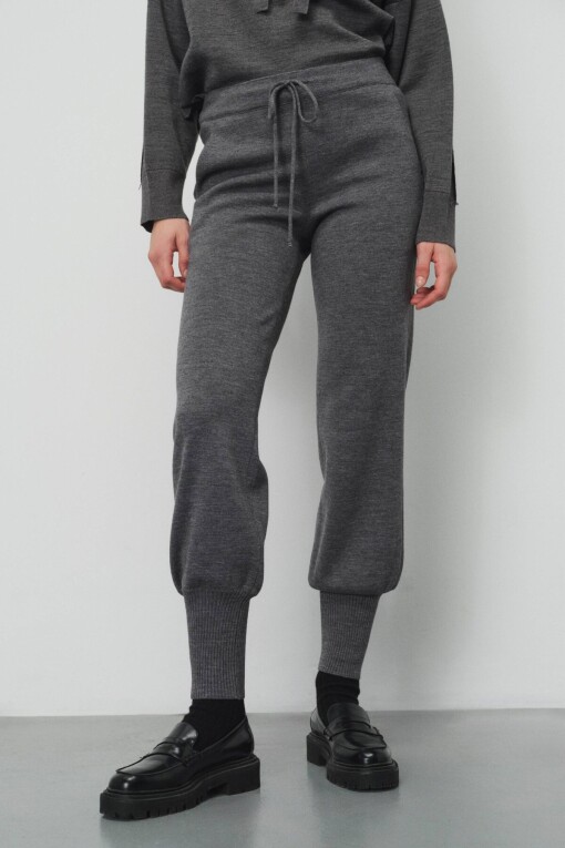 Grey Drawstring Waist Tapered Leg Women's Pants - Triko Mısırlı