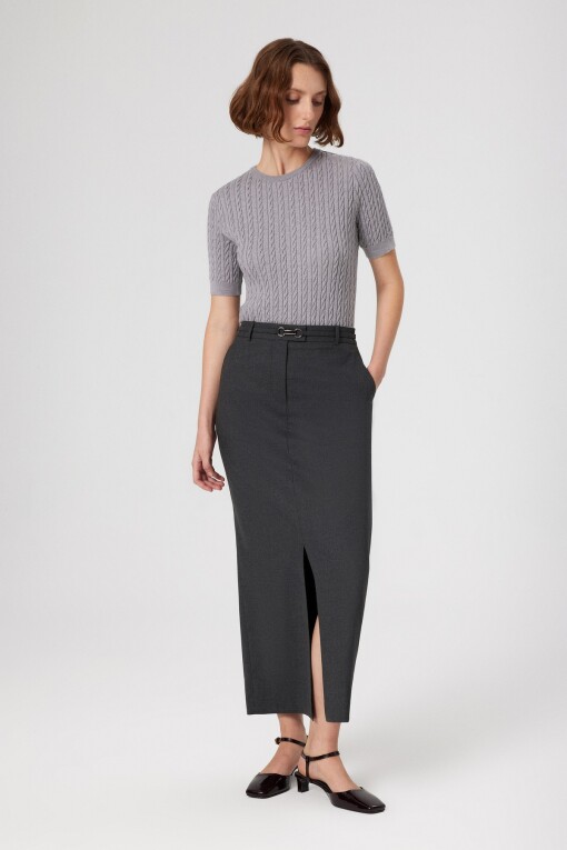 Grey Front Slit Long Skirt - Triko Mısırlı