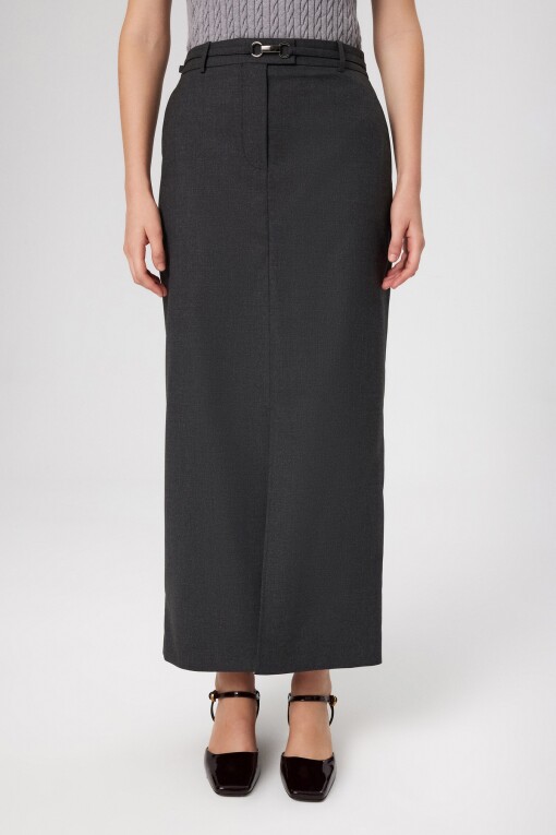 Grey Front Slit Long Skirt - Triko Mısırlı