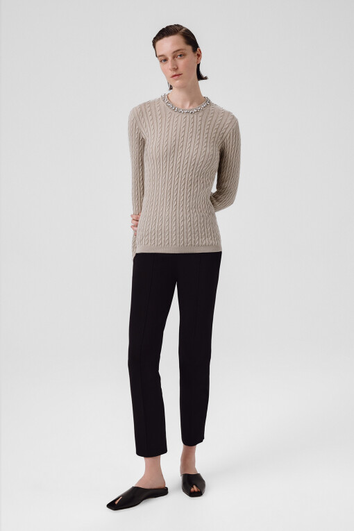 Grey Green Stone Embellished Neck Women's Sweater - Triko Mısırlı