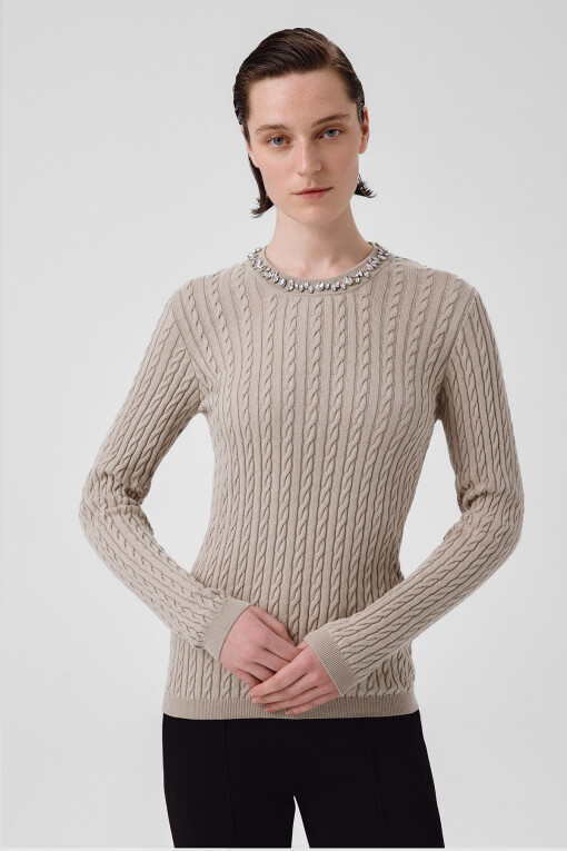 Grey Green Stone Embellished Neck Women's Sweater - Triko Mısırlı