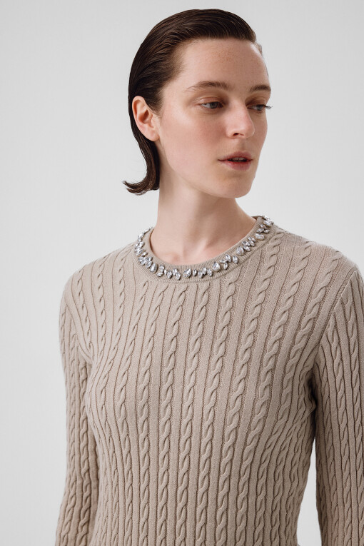 Grey Green Stone Embellished Neck Women's Sweater - Triko Mısırlı