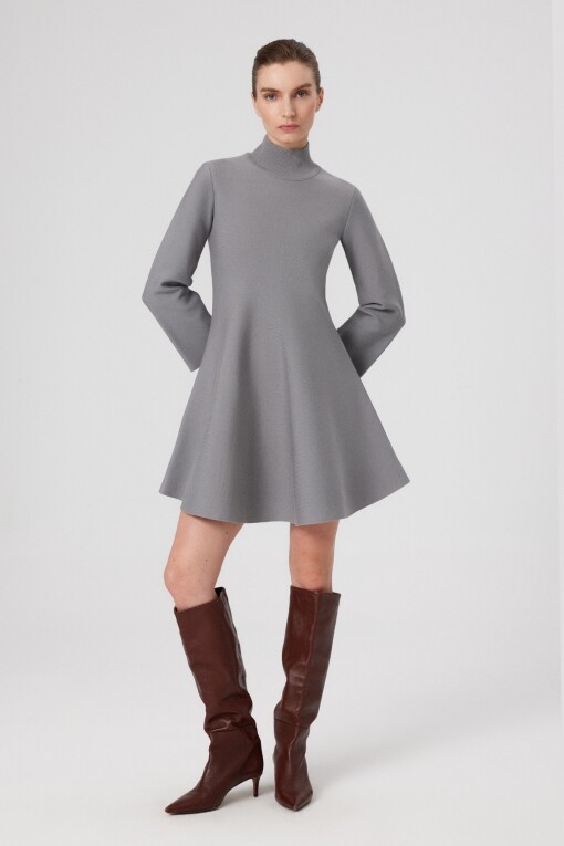 Grey Turtle Neck Mini Flare Dress 