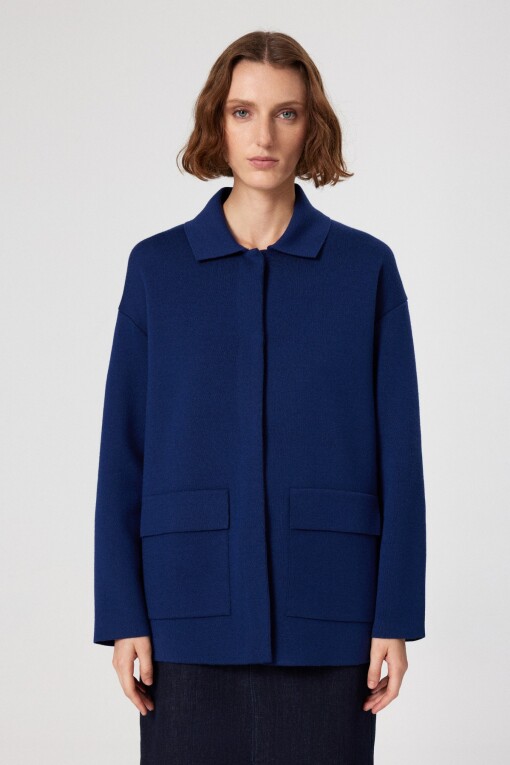 Indigo Shirt Collar Pocket Detail Women's Jacket - Triko Mısırlı
