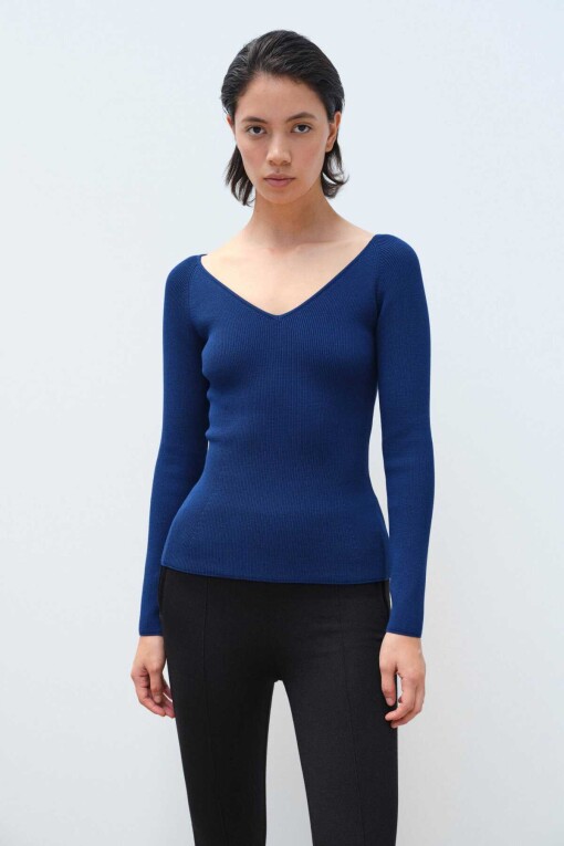 Indigo V-Neck Women's Sweater - Triko Mısırlı
