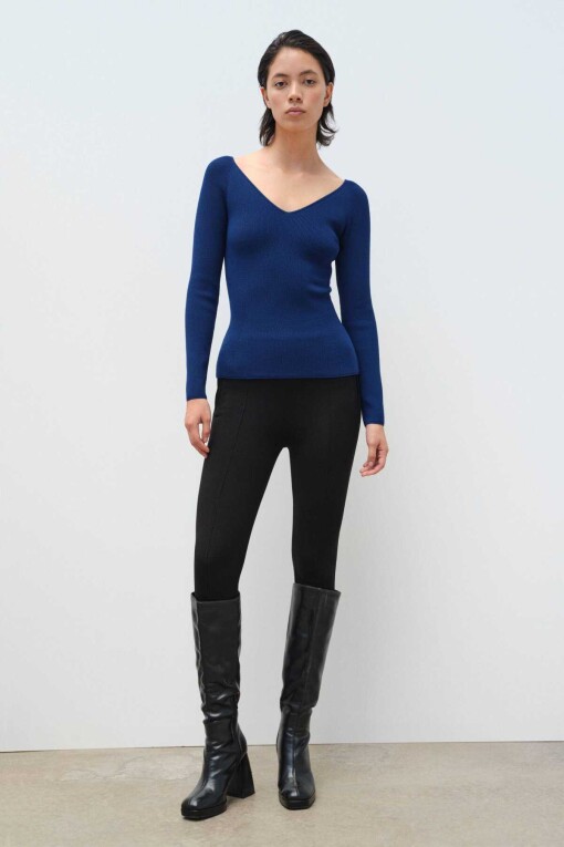 Indigo V-Neck Women's Sweater - Triko Mısırlı