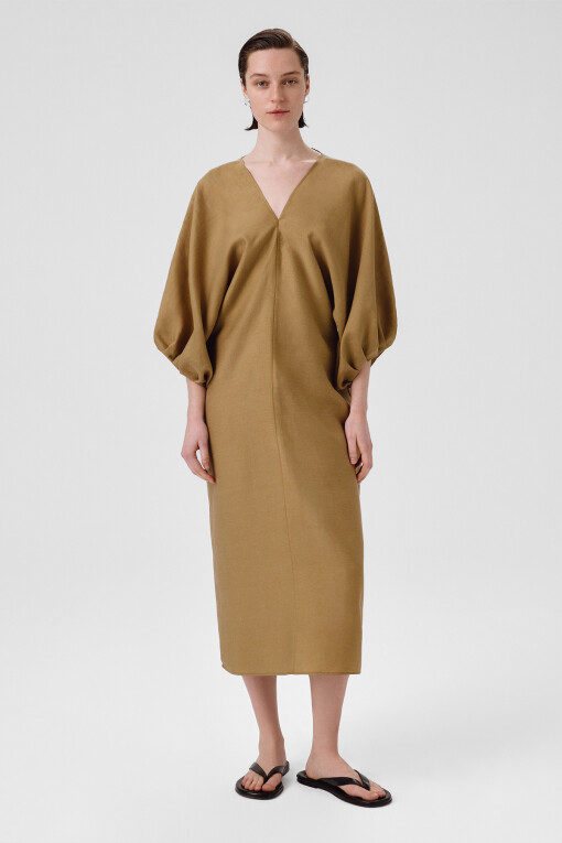 Khaki Balloon Sleeve V-Neck Dress - Triko Mısırlı
