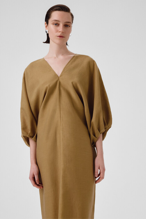 Khaki Balloon Sleeve V-Neck Dress - Triko Mısırlı