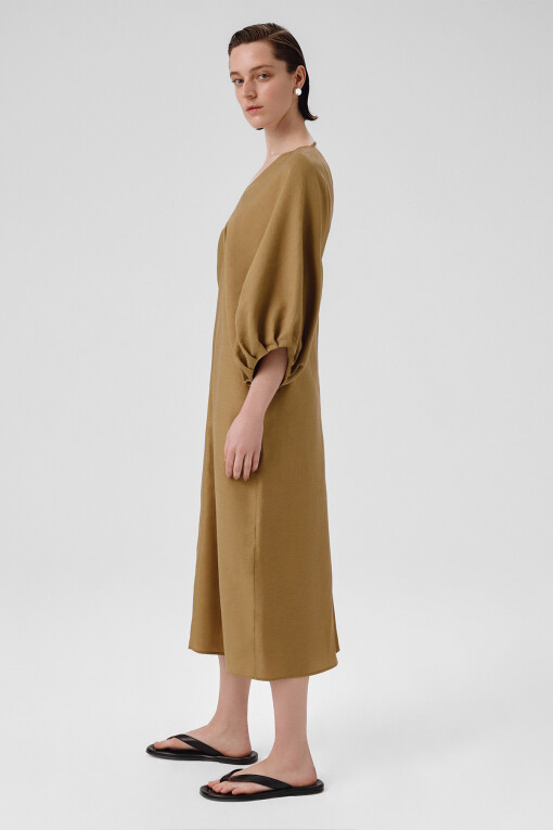 Khaki Balloon Sleeve V-Neck Dress - Triko Mısırlı
