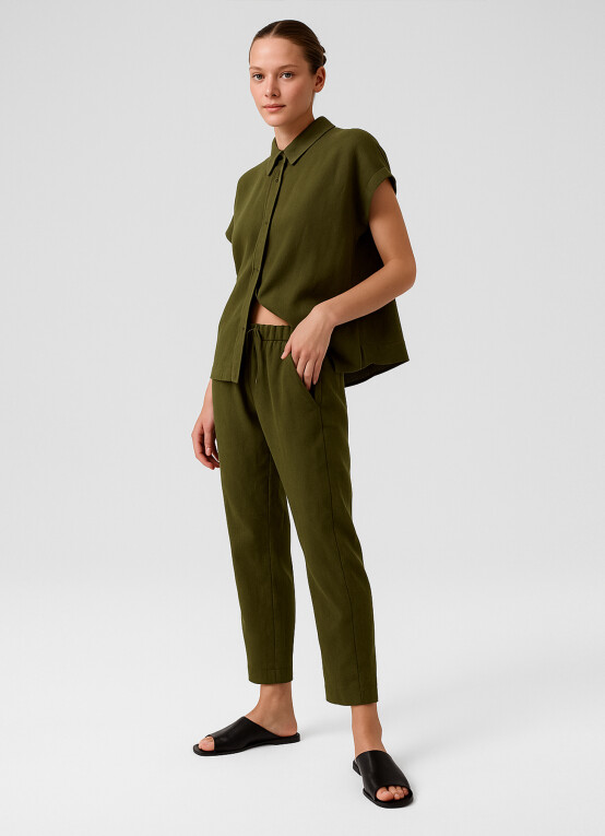 Khaki Drawstring Waist Pocket Detail Women's Pants - Triko Mısırlı