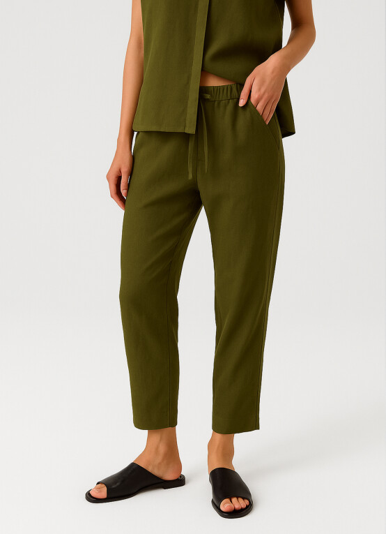 Khaki Drawstring Waist Pocket Detail Women's Pants - Triko Mısırlı