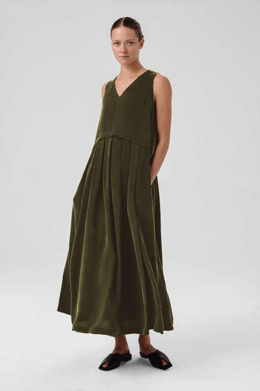 Khaki Pleated Hem Sleeveless Long Dress - Triko Mısırlı