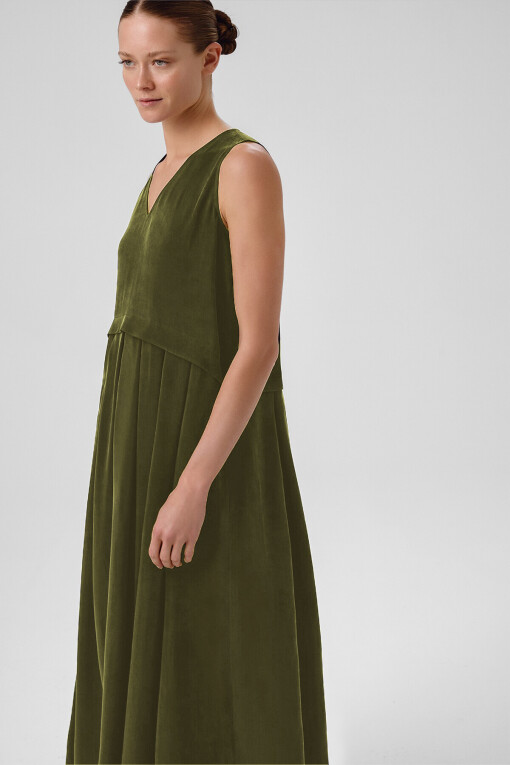 Khaki Pleated Hem Sleeveless Long Dress - Triko Mısırlı