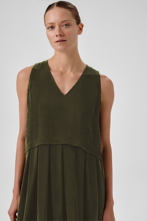 Khaki Pleated Hem Sleeveless Long Dress - Triko Mısırlı