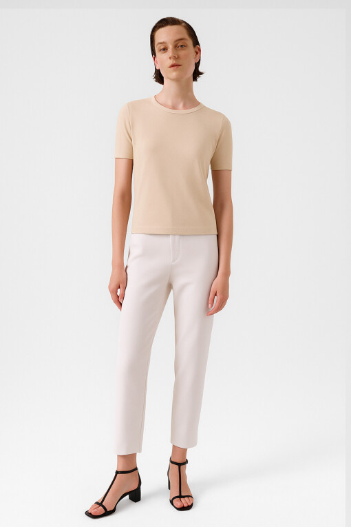 Light Beige Crew Neck Short Sleeve Women's Sweater - Triko Mısırlı