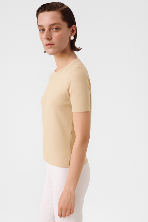 Light Beige Crew Neck Short Sleeve Women's Sweater - Triko Mısırlı