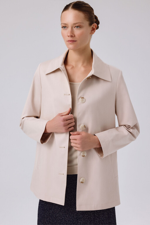 Light Beige Shirt Collar Buttoned Women's Trench Coat - Triko Mısırlı