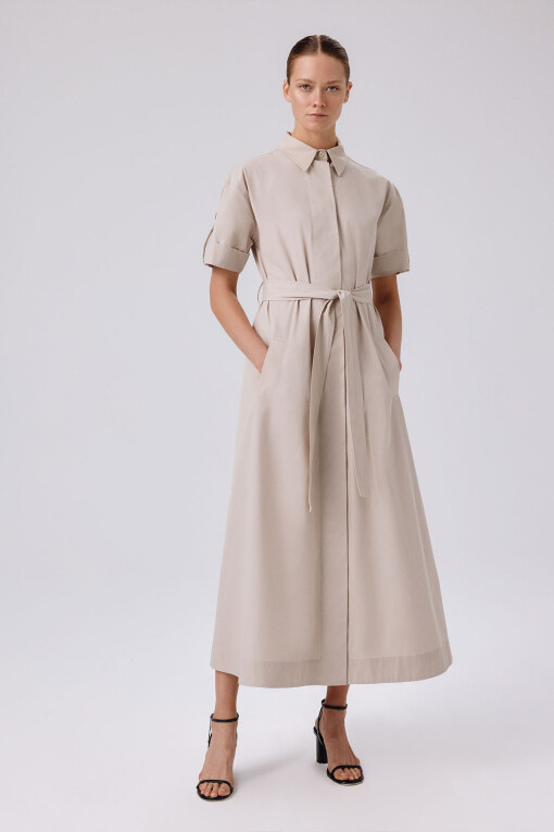 Light Beige Shirt Collar Short Sleeve Long Dress - Triko Mısırlı