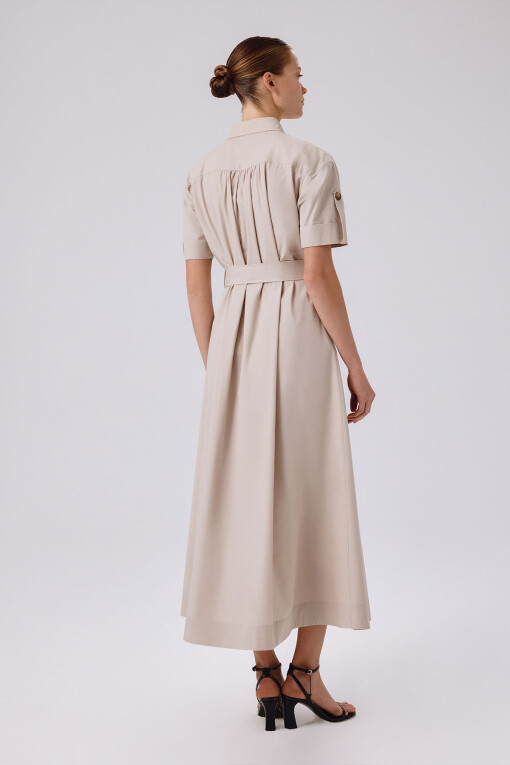 Light Beige Shirt Collar Short Sleeve Long Dress - Triko Mısırlı