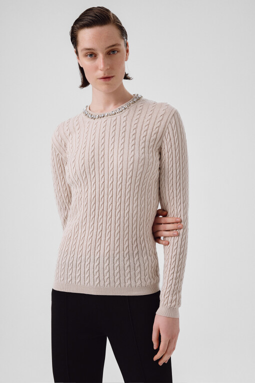 Light Beige Stone Embellished Neck Women's Sweater - Triko Mısırlı