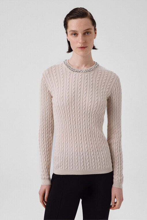 Light Beige Stone Embellished Neck Women's Sweater - Triko Mısırlı
