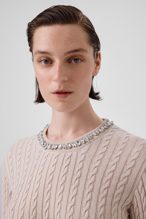Light Beige Stone Embellished Neck Women's Sweater - Triko Mısırlı