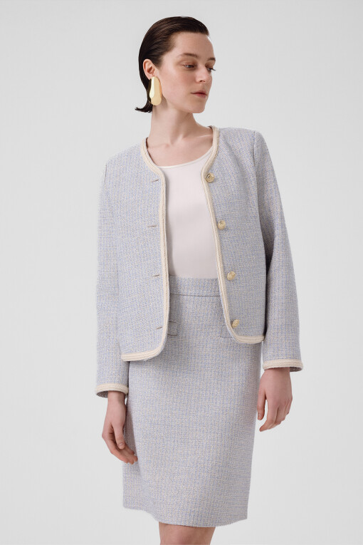 Light Blue Gold Button Tweed Women's Jacket - Triko Mısırlı