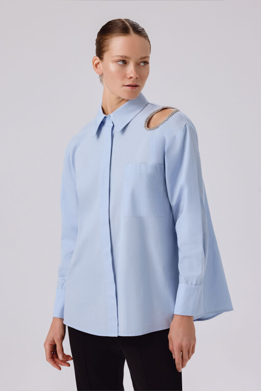Light Blue Stone Embellished Oversize Women's Shirt - Triko Mısırlı