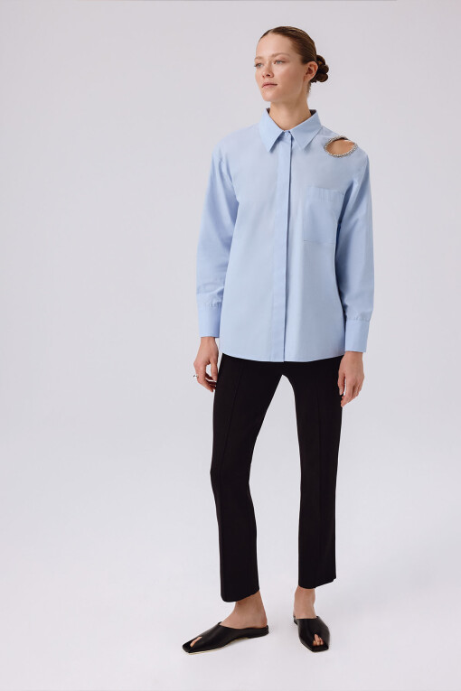 Light Blue Stone Embellished Oversize Women's Shirt - Triko Mısırlı