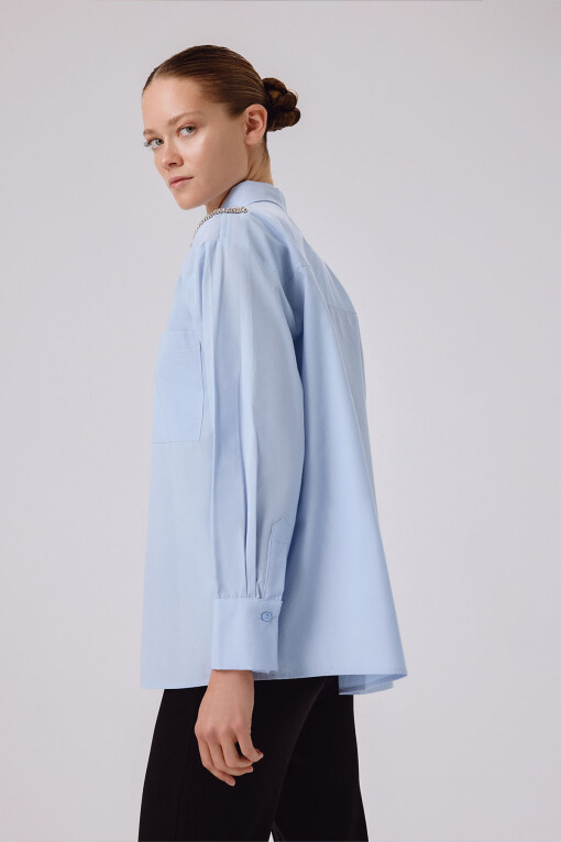 Light Blue Stone Embellished Oversize Women's Shirt - Triko Mısırlı