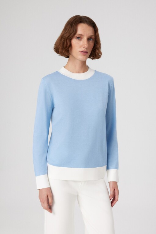 Light Blue White Cuff Long Sleeve Women's Sweater - Triko Mısırlı